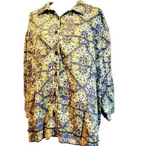 C J Banks Damask Print Top Plus Size 2X, 3/4 Sleeve Button Up Tiered Hem